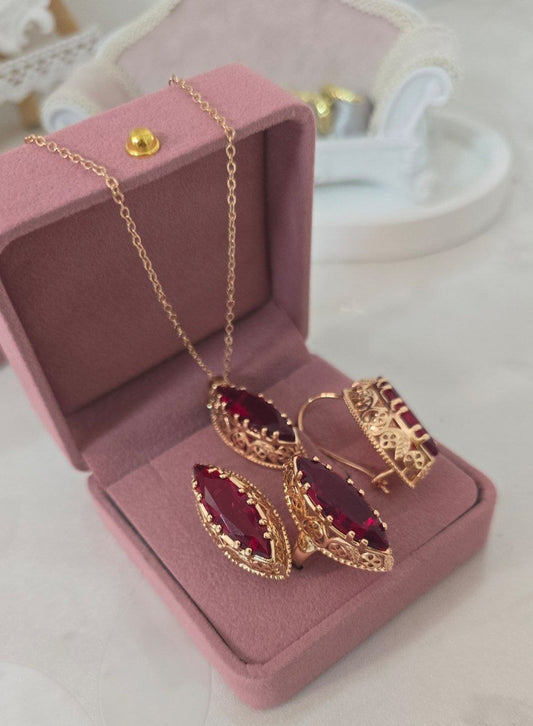Royal Ruby Filigree Marquise Jewelry Set