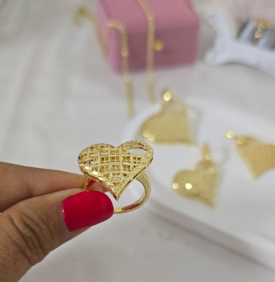 Golden Heart Filigree Textured Jewelry Set