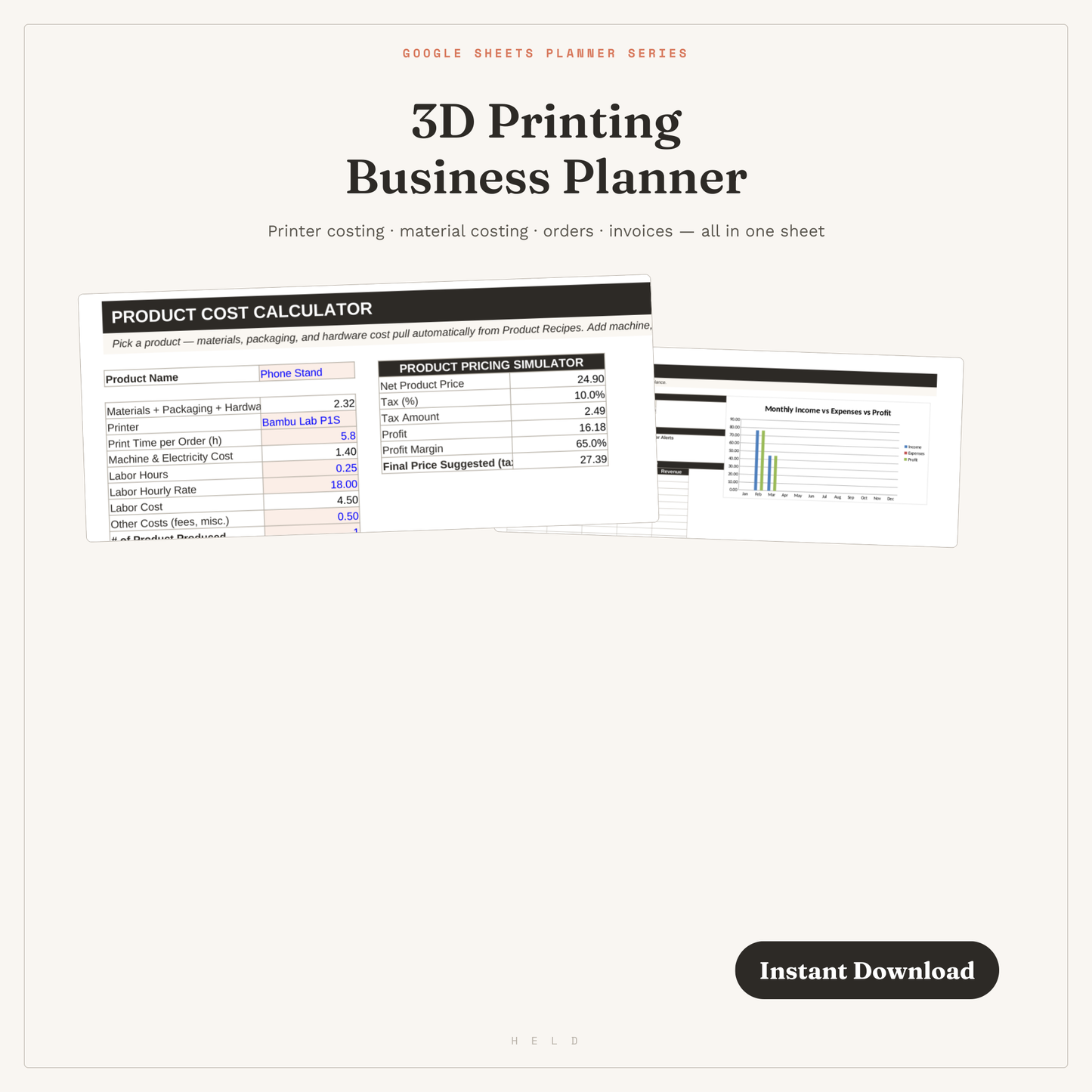 3D Printing Business Planner — Google Sheets Printer Cost Calculator & Order Tracker