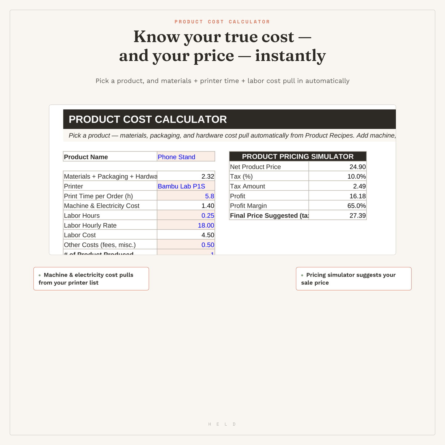 3D Printing Business Planner — Google Sheets Printer Cost Calculator & Order Tracker