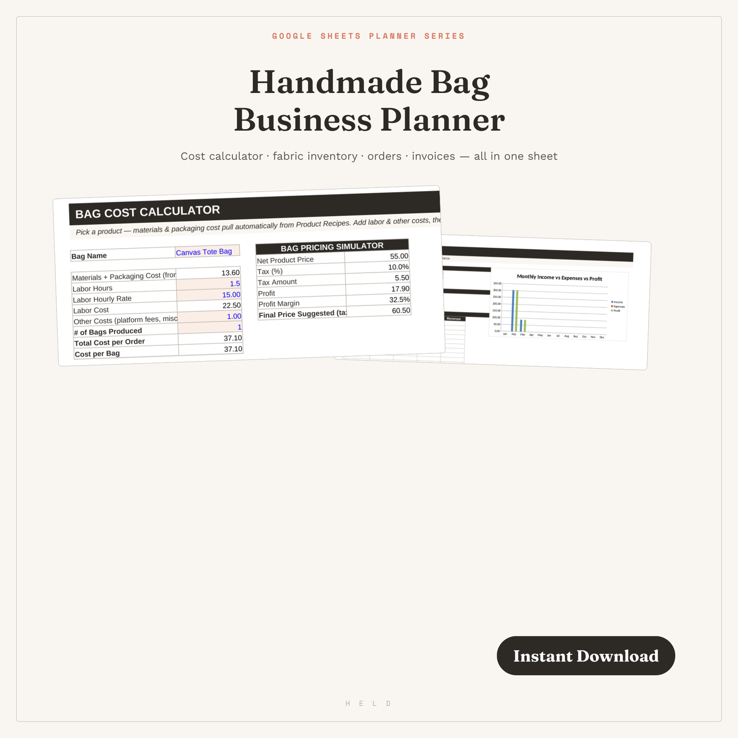 Handmade Bag Business Planner-Google Sheets Cost Calculator & Inventory Tracker