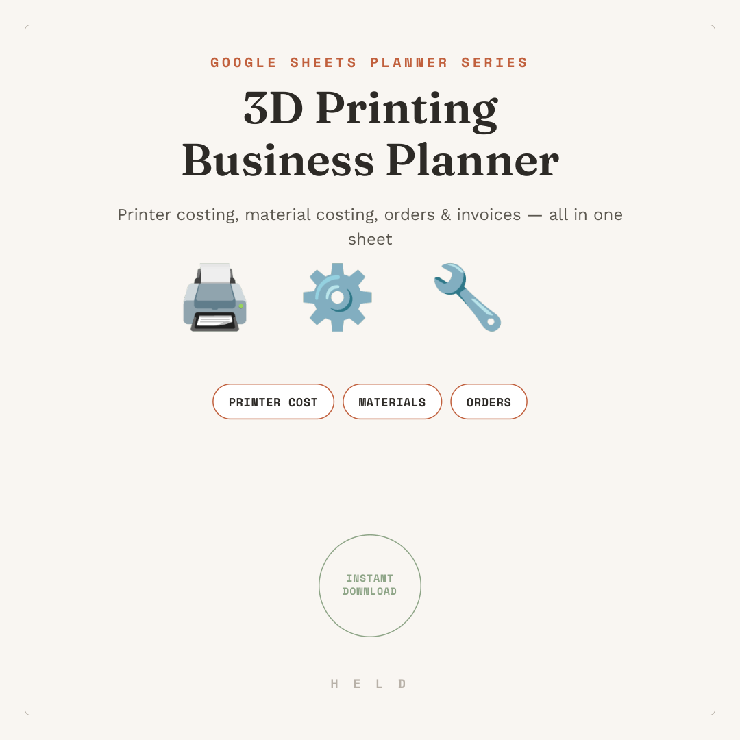 3D Printing Business Planner — Google Sheets Printer Cost Calculator & Order Tracker