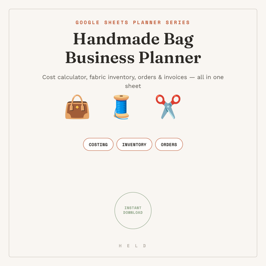 Handmade Bag Business Planner-Google Sheets Cost Calculator & Inventory Tracker